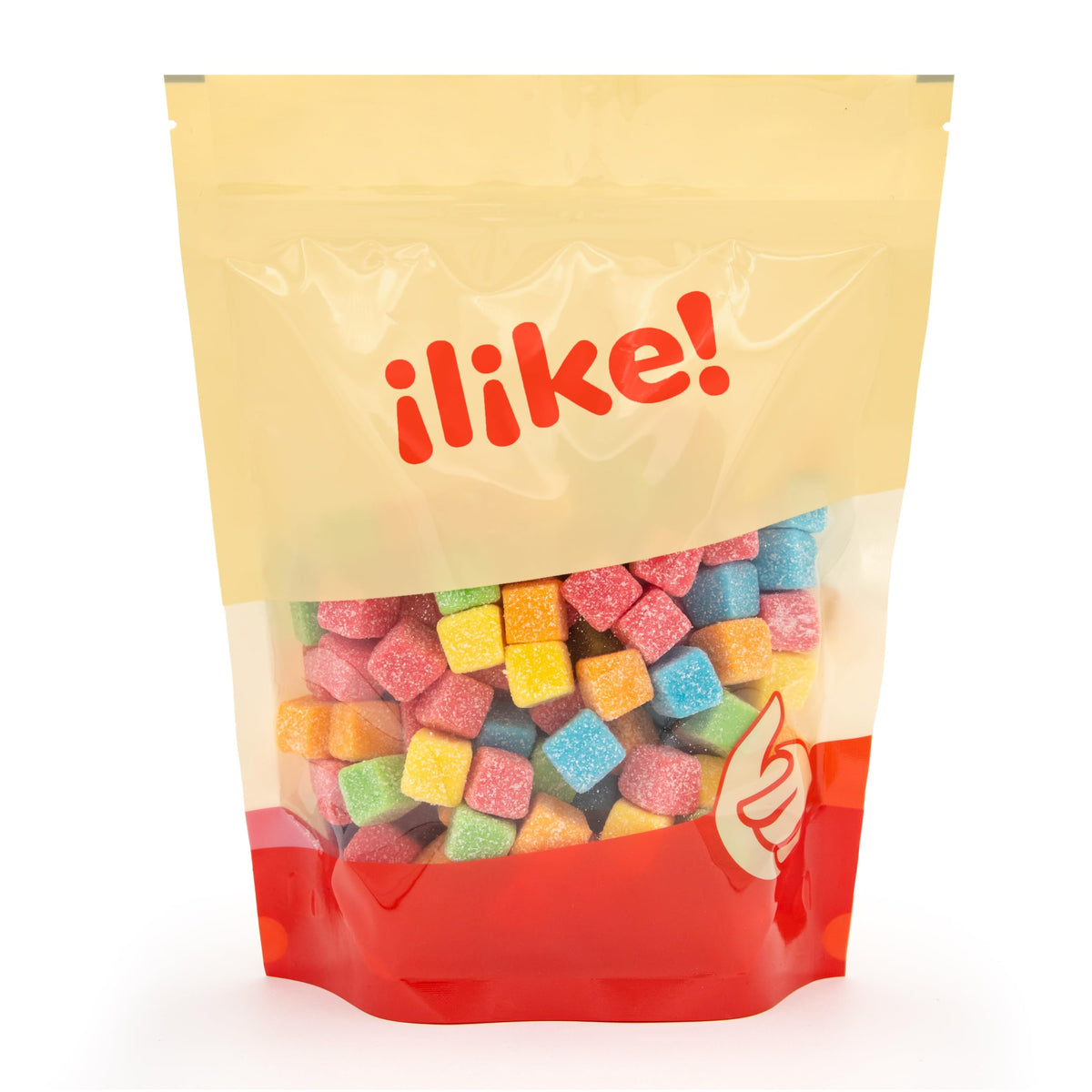 ILIKE Sour Gummy Blocks mixed flavors include tangerine, green apple, pineapple, strawberry, blueberry.