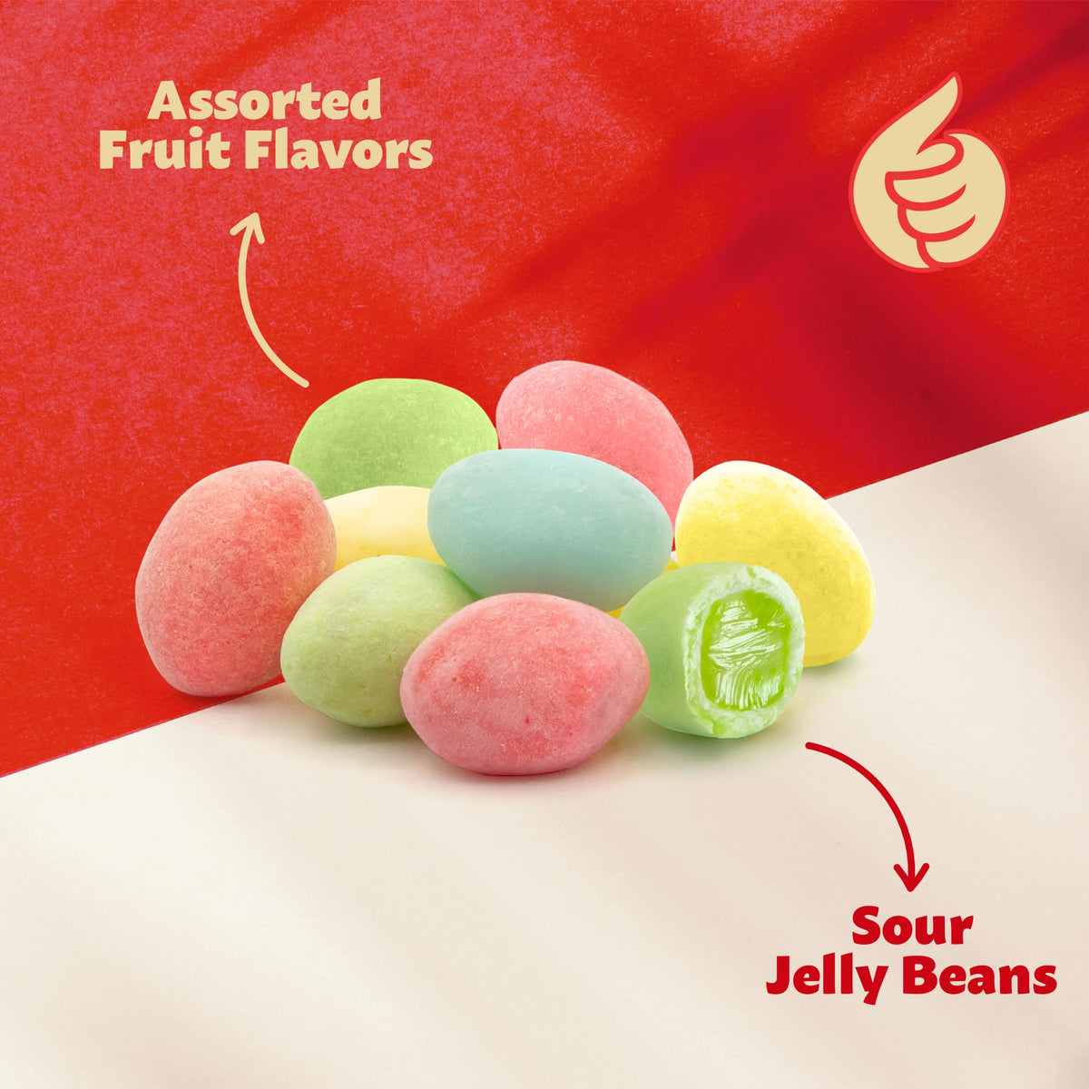 ILIKE! Sour Jelly Beans cherry shot emphasizes classic red candy with bold tang.
