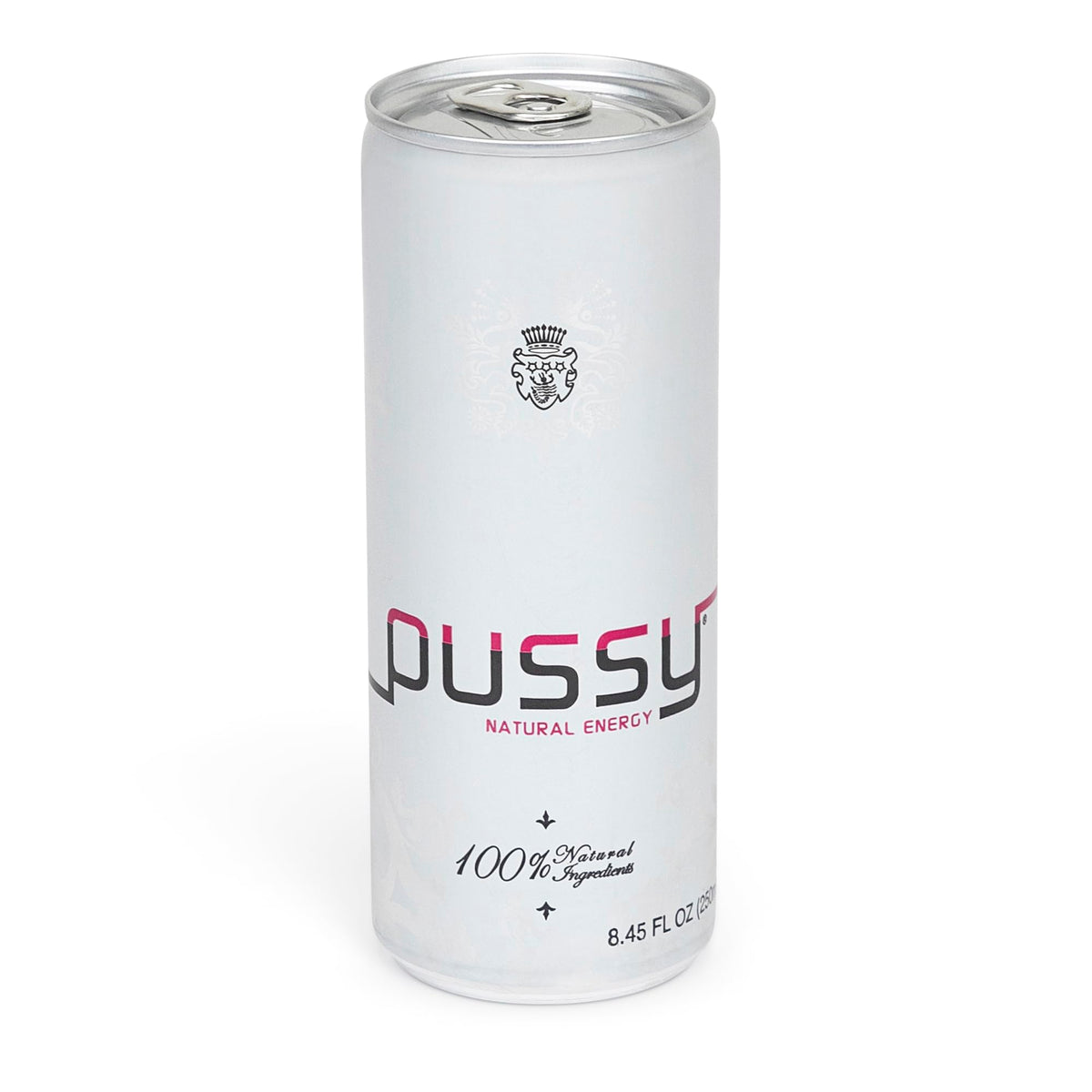 ILIOS Pussy's energy drink can label highlighting organic ingredients and natural caffeine