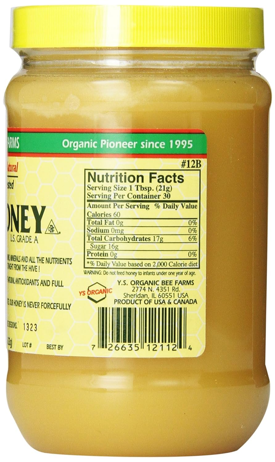 Label close-up on Y.S. Eco Bee Farms raw honey showing organic certification