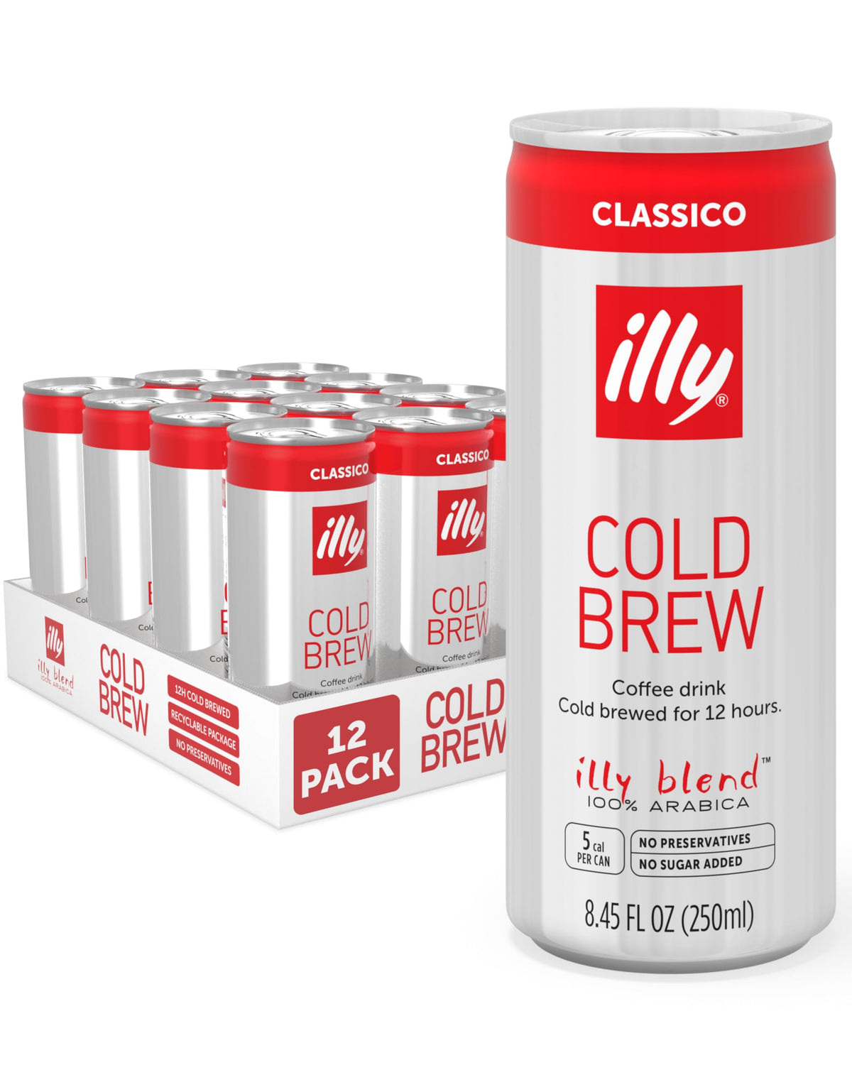 illy Classico cold brew cans display a 12-pack for convenient Italian coffee.