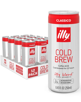 illy Classico cold brew cans display a 12-pack for convenient Italian coffee.
