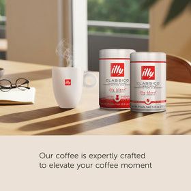 Aroma-rich Illy Classico ground coffee reveals chocolate and caramel notes
