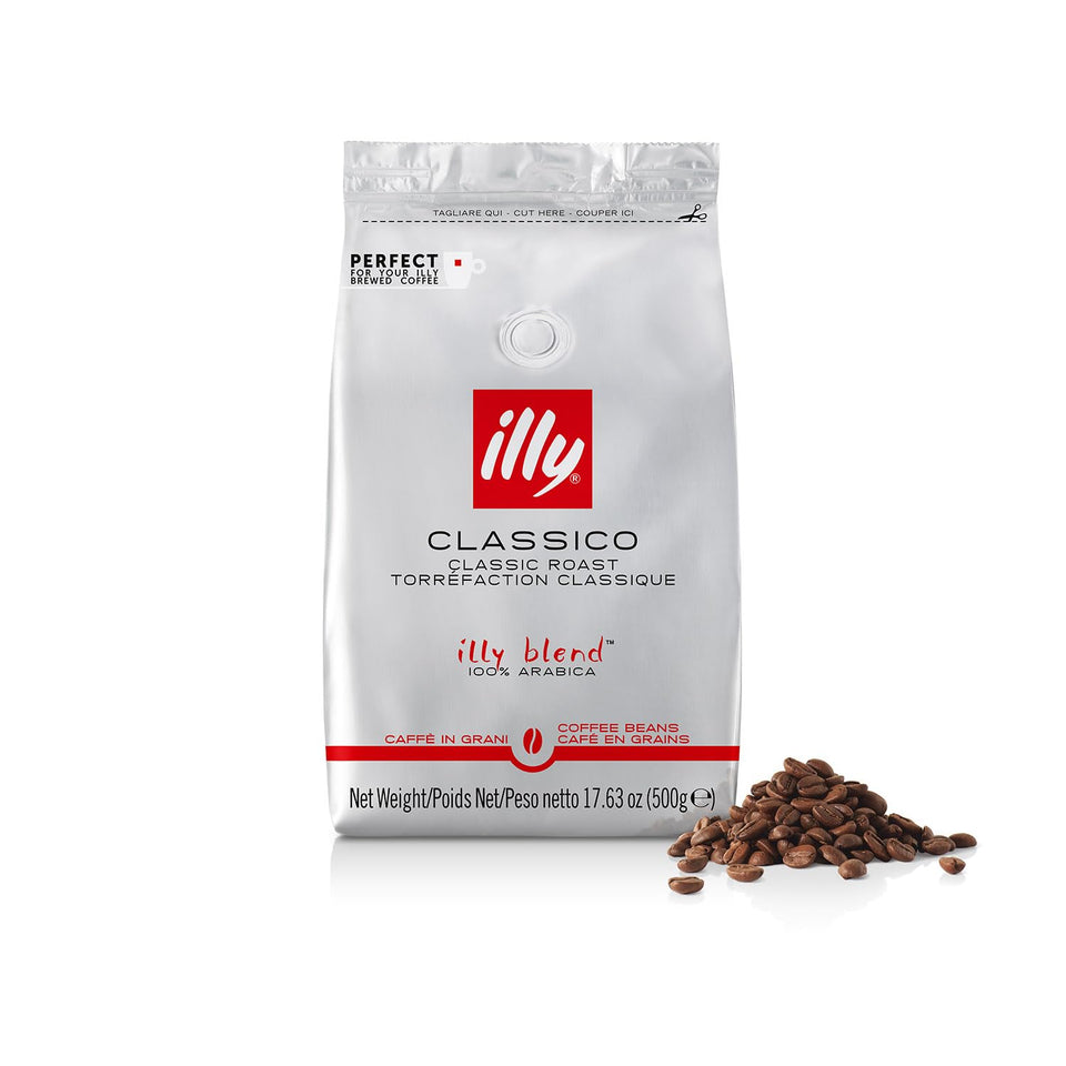 Illy Classico whole bean coffee in bag highlights freshness and aroma.