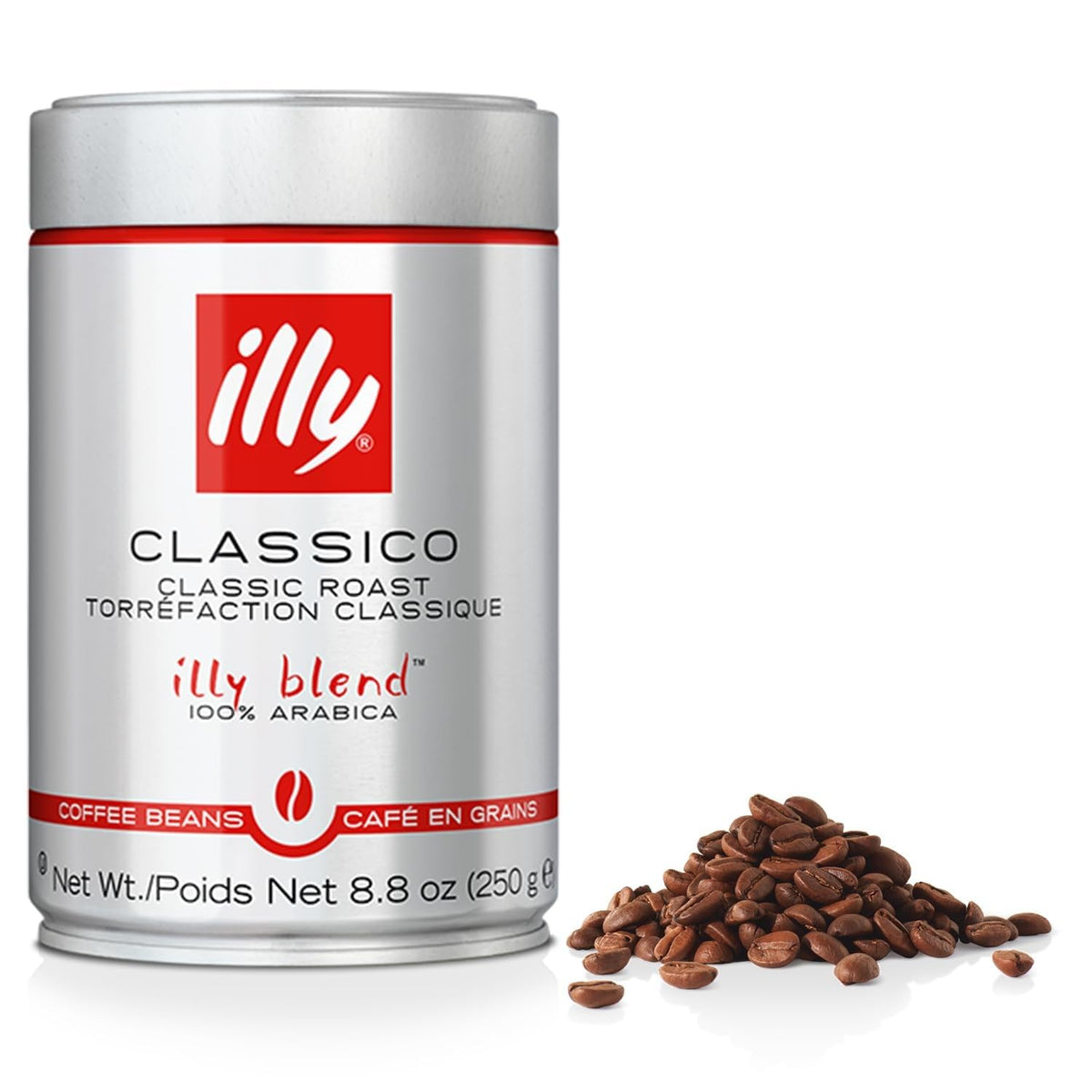 illy Classico whole bean coffee can front view preserves aroma for fresh brewing