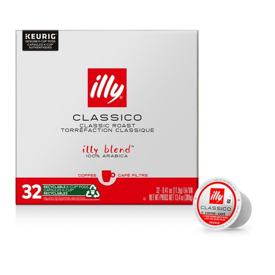 illy coffee k-cup classico medium roast pack front view, smooth morning experience.