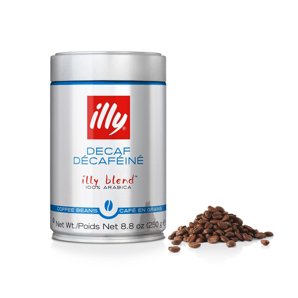illy decaf coffee can on counter, ideal for quick, aromatic mornings.