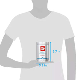illy decaf coffee packaging closeup emphasizes 100% Arabica quality.
