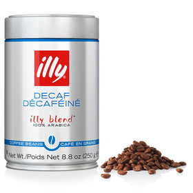 illy decaf whole bean coffee bag showing premium arabica beans for lasting aroma