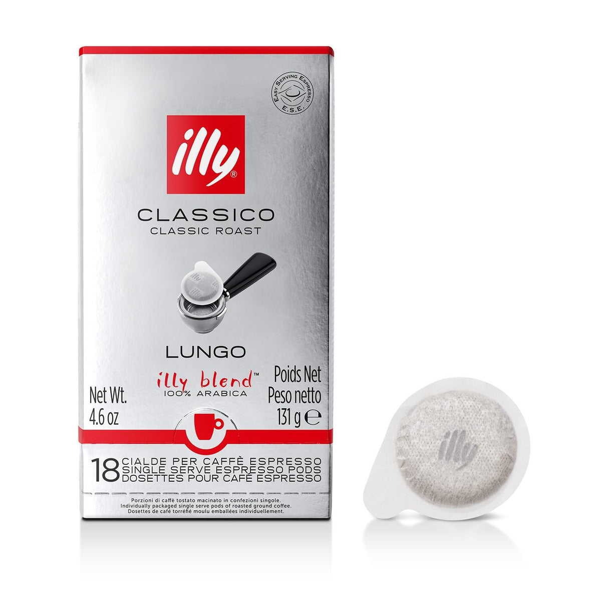 illy E.S.E. Classico Lungo pods pack for quick, consistent espresso.