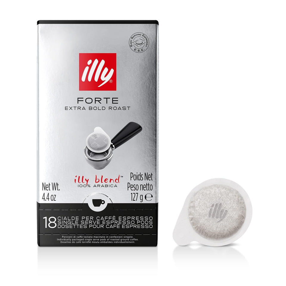 illy E.S.E. pod Forte extra dark packshot highlights convenient packaging and bold flavor for quick mornings.