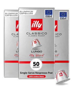 Illy espresso capsules Classico Lungo packaging shows premium Italian coffee