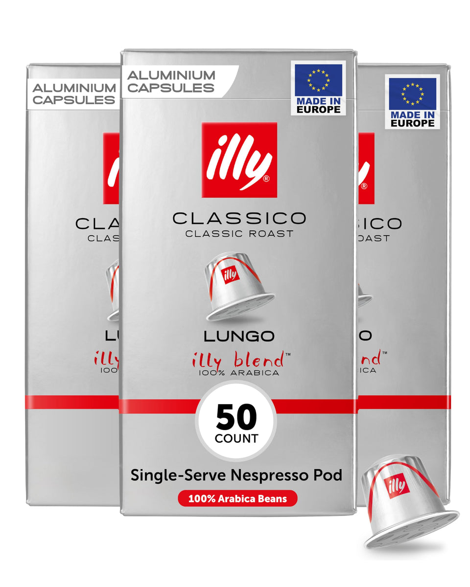 Illy espresso capsules Classico Lungo packaging shows premium Italian coffee