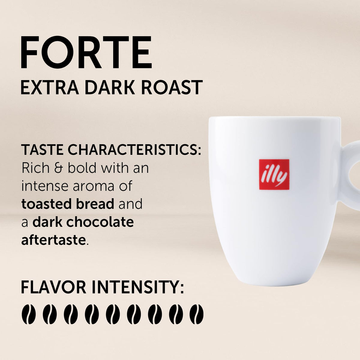 illy Forte K Cup label close-up emphasizes extra dark roast and intense flavor.