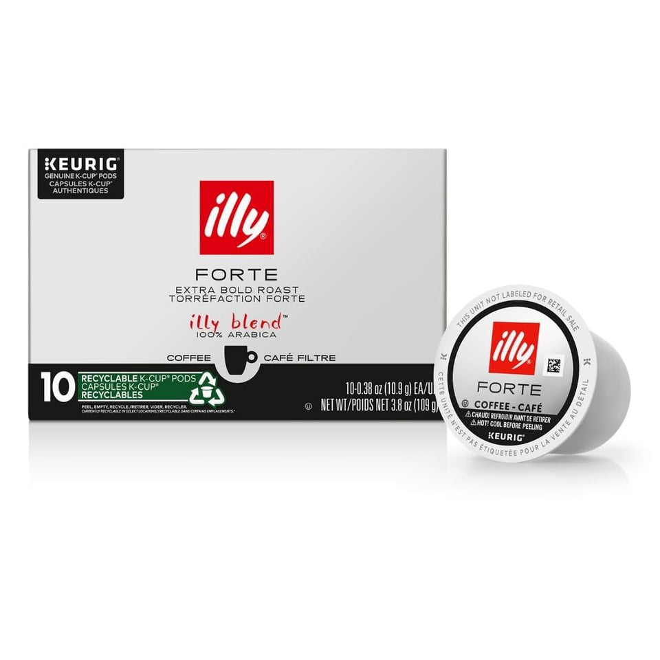 illy Forte K Cup packaging highlights bold aroma and premium Arabica beans for quick brew.