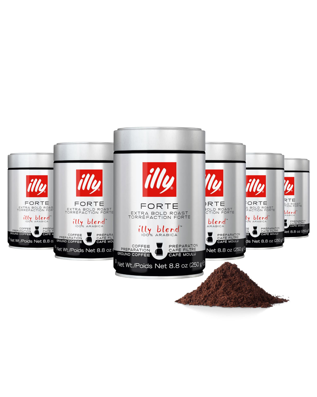 illy Ground Drip Coffee Forte Dark Roast front-view can highlights bold aroma