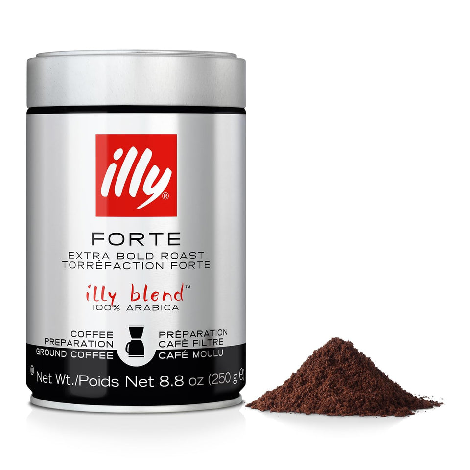 Illy Ground Drip Forte pack shows premium Arabica blend for bold home coffee.