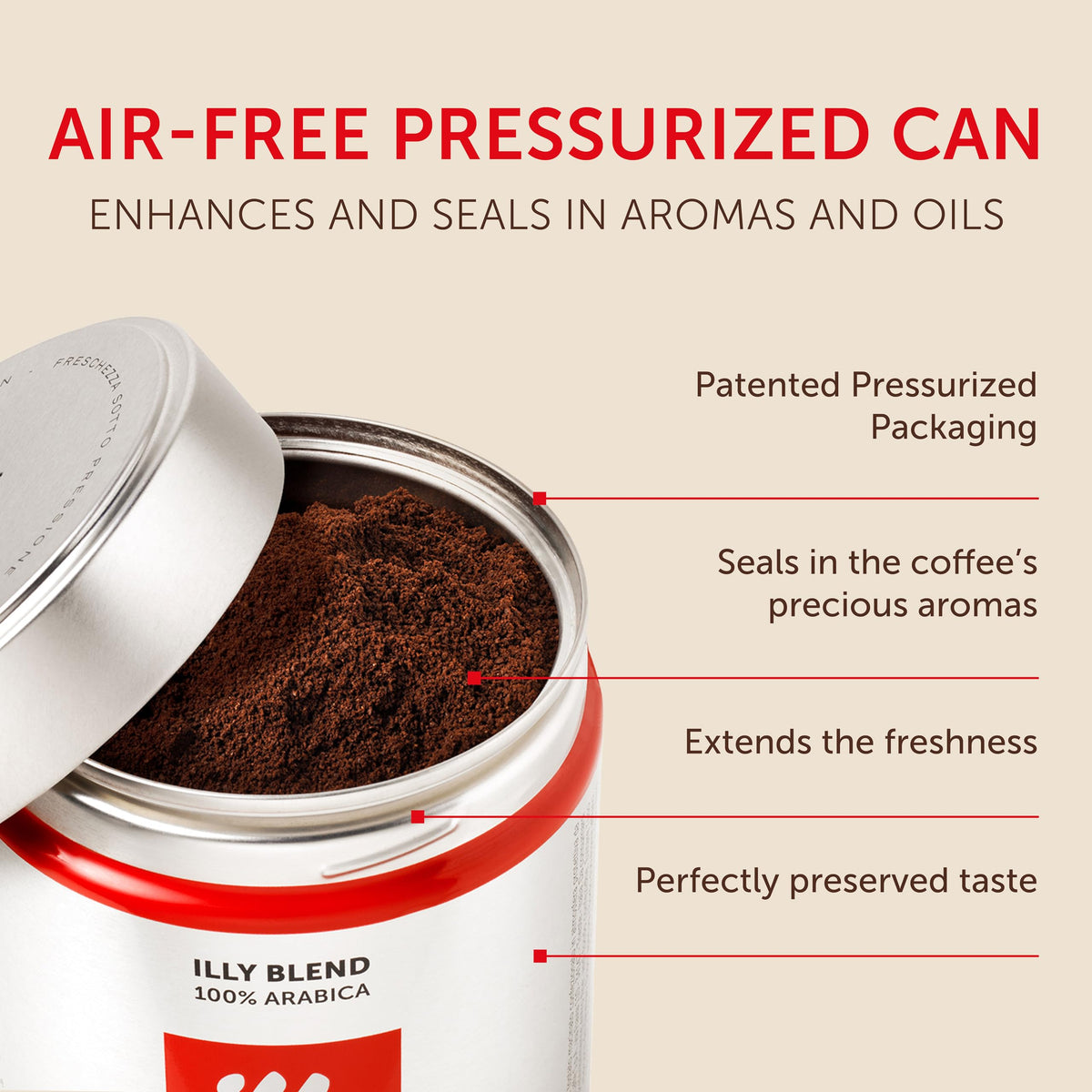illy ground espresso tin sealed to preserve freshness and aroma