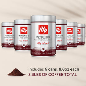 illy Ground Espresso Intenso Dark Roast ground coffee ready for quick espresso at home
