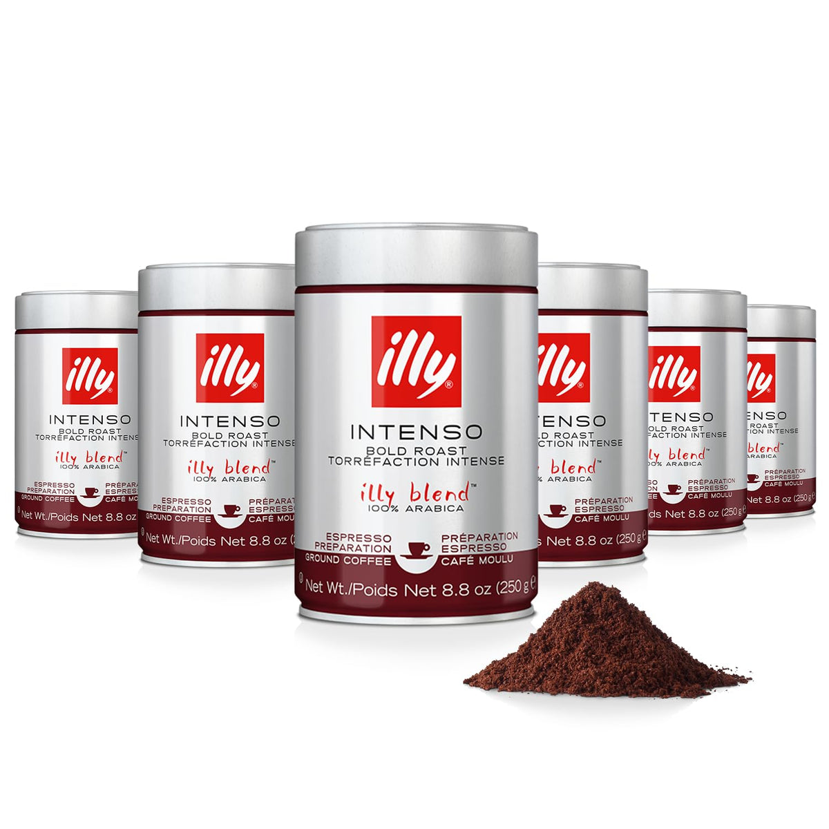 illy Ground Espresso Intenso Dark Roast packaging highlights premium Arabica blend for authentic Italian flavor