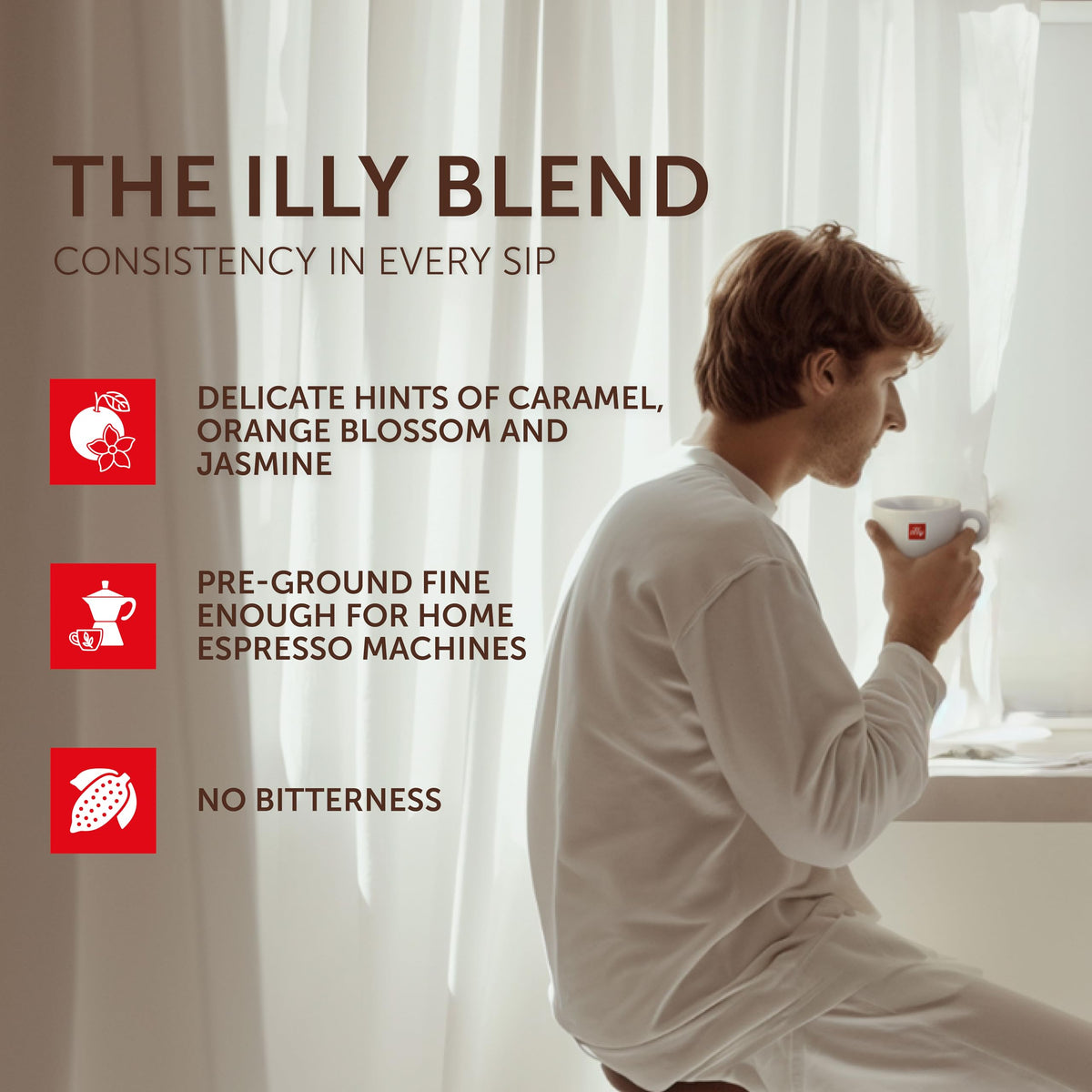 illy Ground Moka coffee steaming cup evokes rich crema at home
