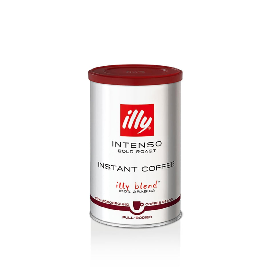 illy Instant Coffee Intenso Dark Roast can front shows premium aroma and quick preparation.