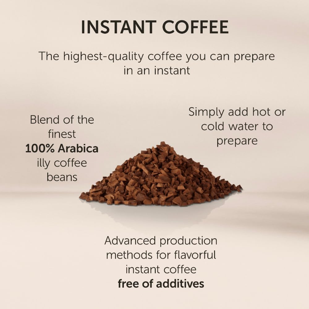 illy Instant Coffee instant prep steps show two teaspoons and hot water.