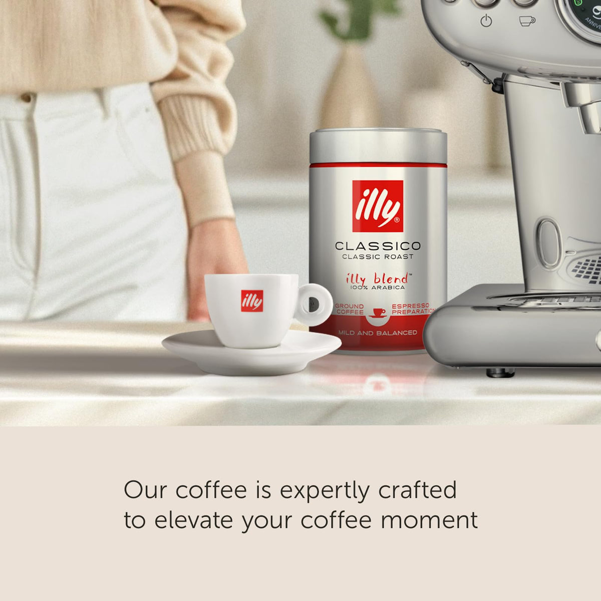 Close-up of illy Intenso arabica beans indicating premium quality and sustainability.