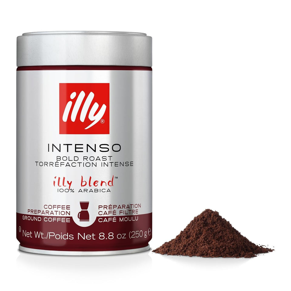 Illy Intenso ground coffee pack ready for bold drip brews at home.