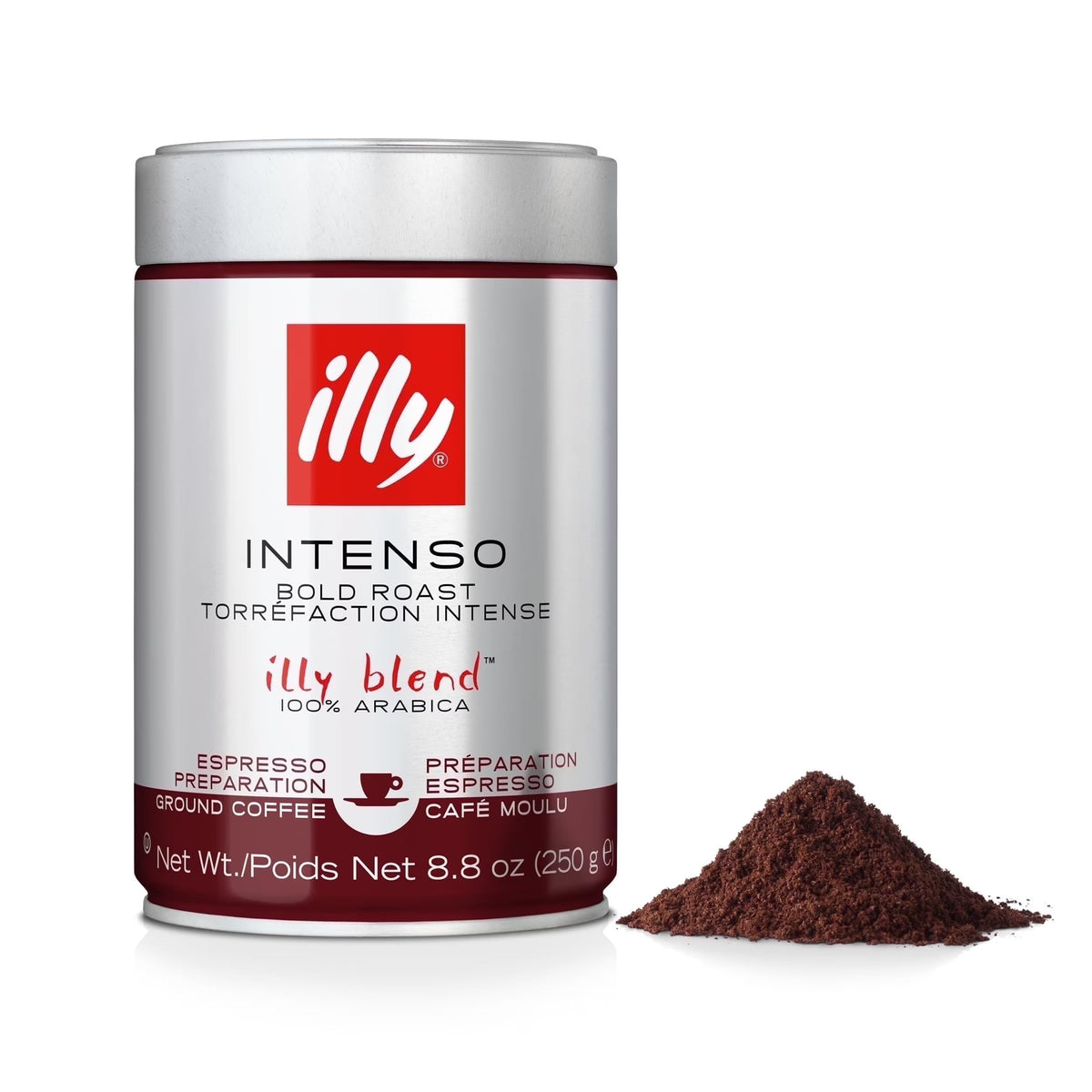 illy Intenso ground espresso can shows bold aroma for at-home mornings.