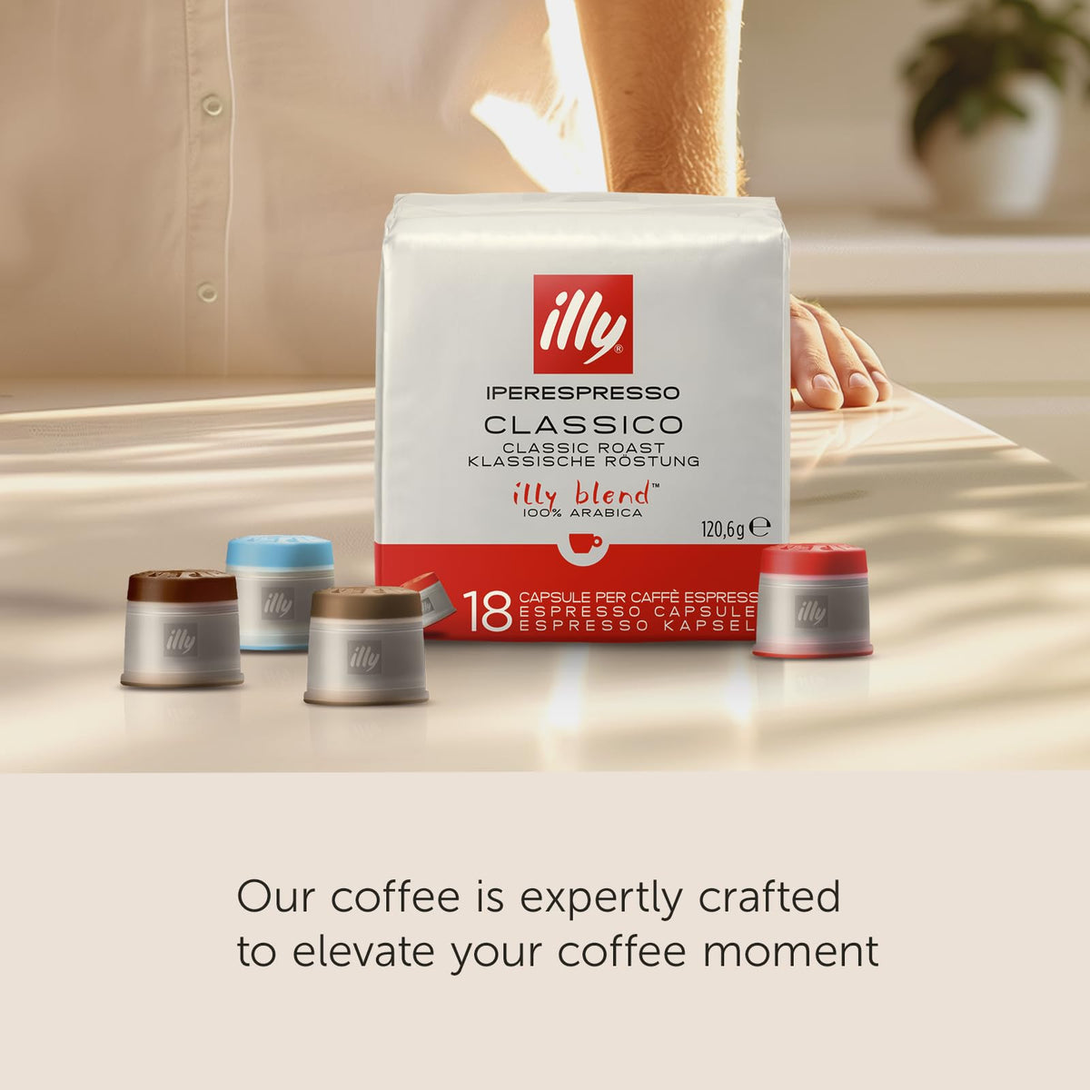 illy iperEspresso Classico coffee pods closeup shows premium Arabica beans and rich crema