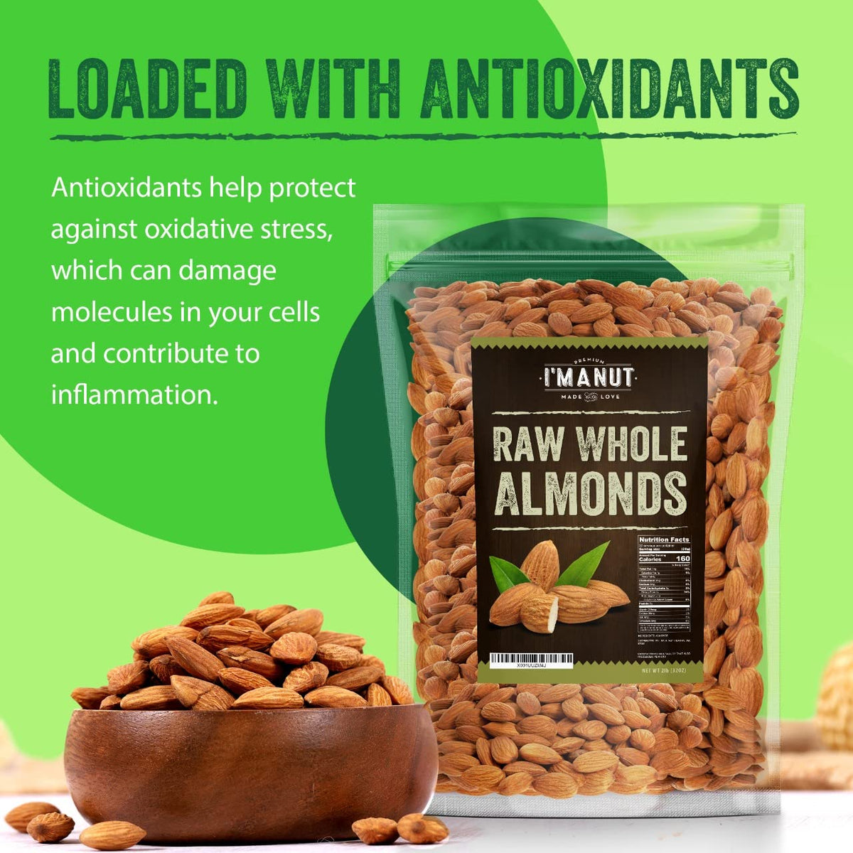 I'm A Nut almonds in a resealable pouch, easy to store and portion.