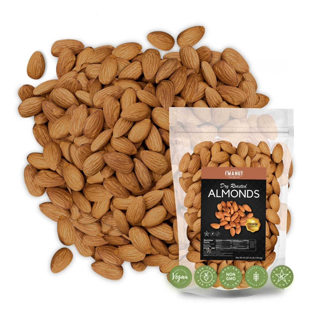 I'm A Nut dry roasted almonds unsalted in bag, protein-packed snack.