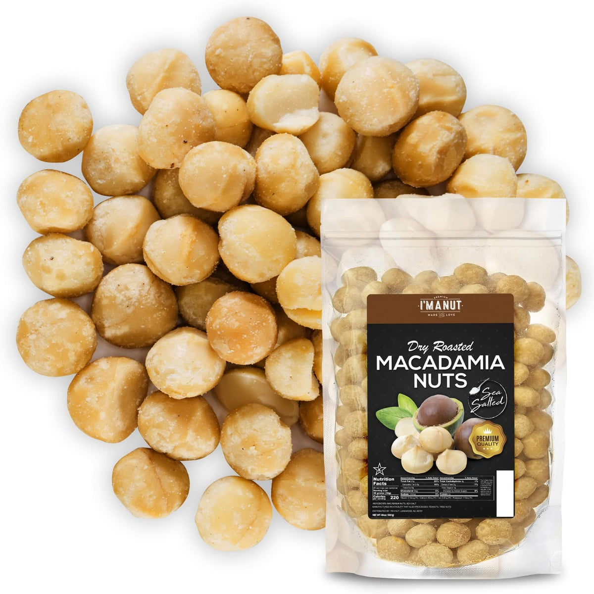 I'm A Nut oven roasted macadamia nuts sea salt in 48 oz tub, ideal for snacking.