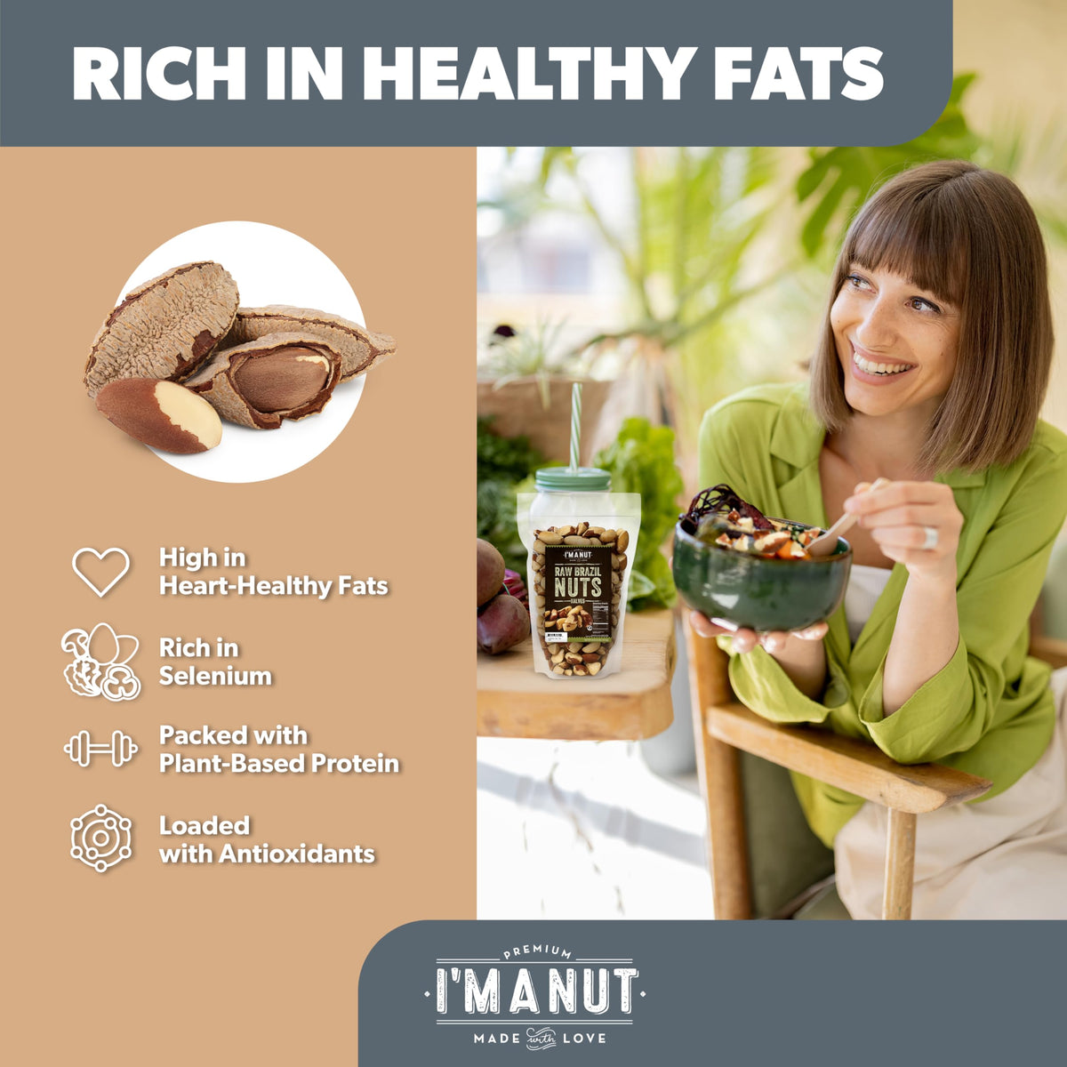 I'm A Nut plant-based protein source Brazil nuts for balanced diets