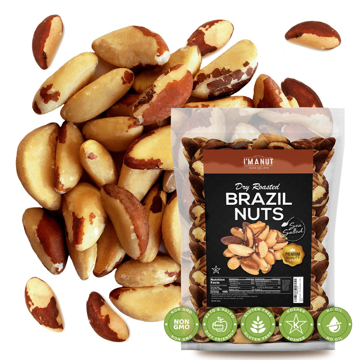 I'm A Nut premium Brazil nuts close-up in a resealable bag for healthy snacking