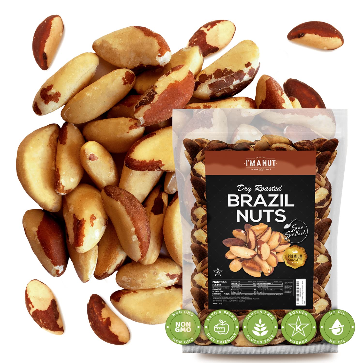I'm A Nut premium Brazil nuts close-up in a resealable bag for healthy snacking