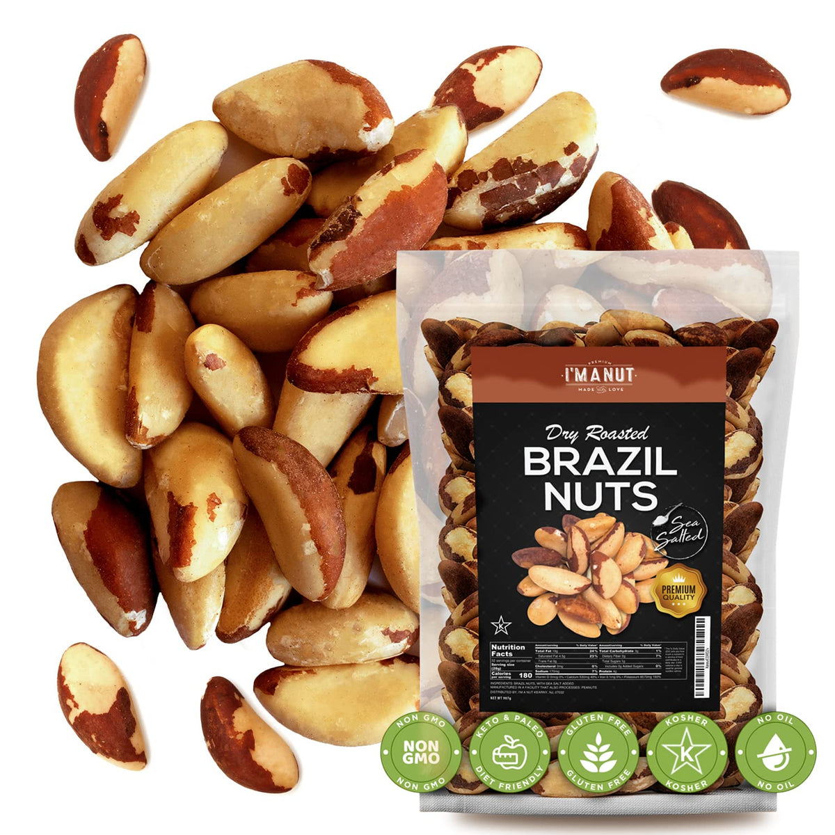 Im A Nut premium Brazil nuts with sea salt, perfect for a protein-rich snack.