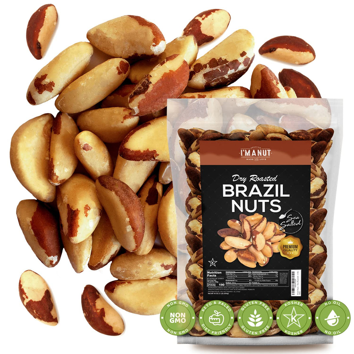 Im A Nut premium dry roasted Brazil nuts with sea salt, ideal for snacking