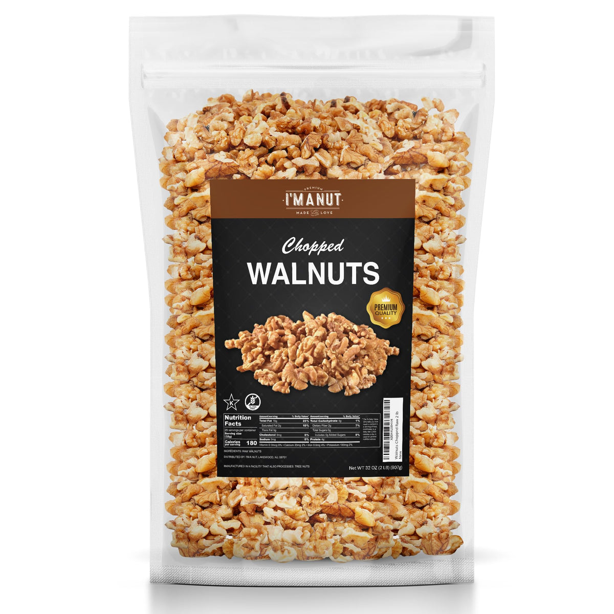 I'm A Nut premium raw chopped walnuts 32oz pack with rich flavor and convenient bulk supply.