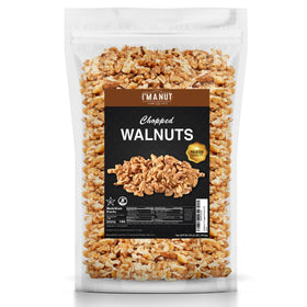 I'm A Nut premium raw chopped walnuts in a 64oz pouch, ideal for baking and snacking.