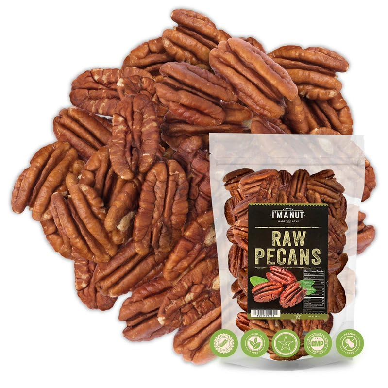 I'm A Nut premium raw pecan halves in bag with rich, buttery flavor for snacking.