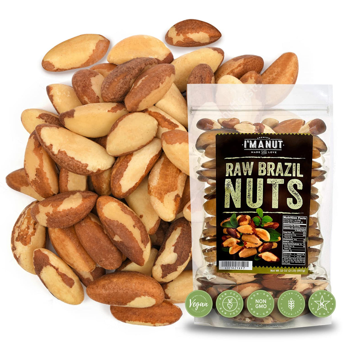 I'm A Nut premium wild-harvested Brazil nuts in a resealable bag for fresh snacking.