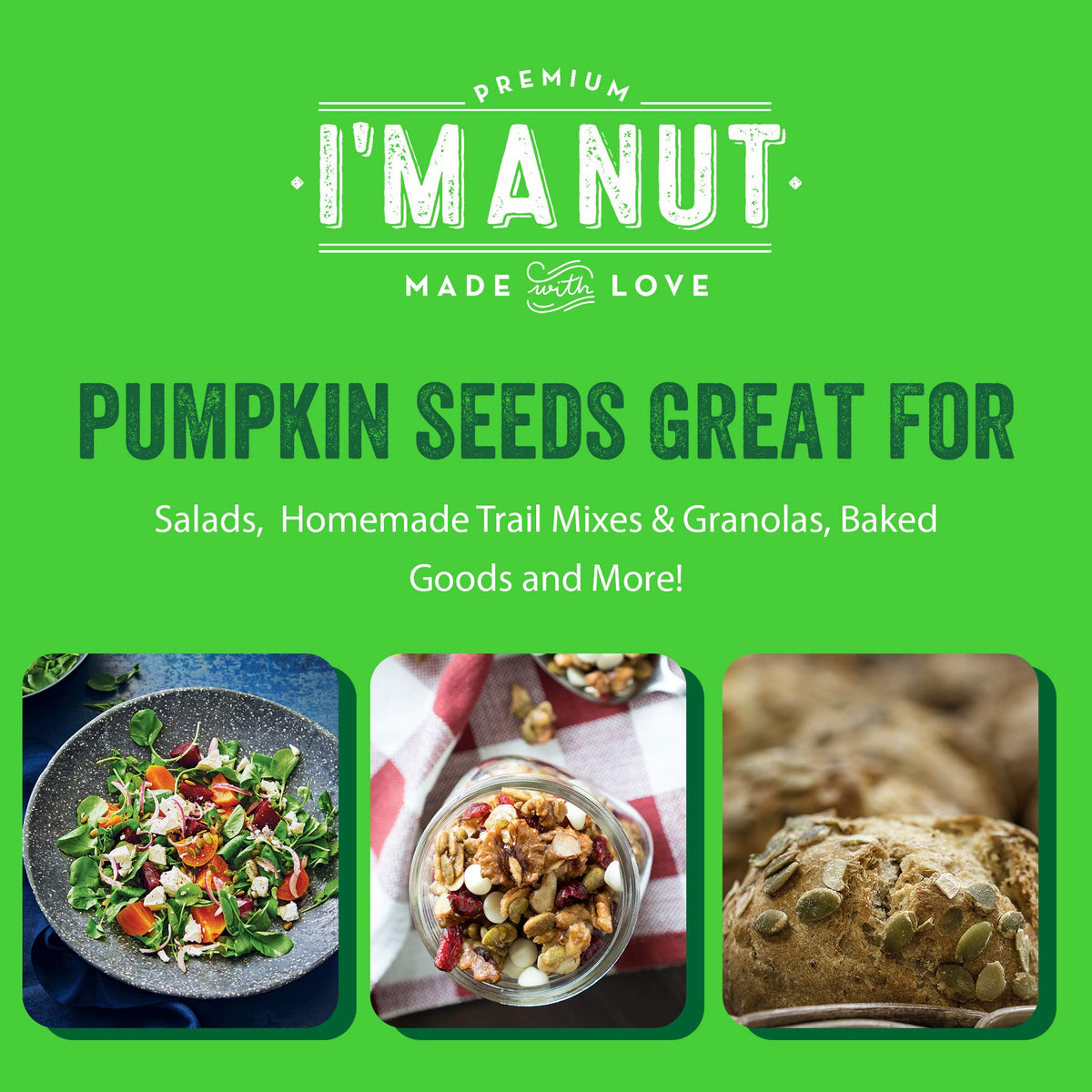 I'm A Nut pumpkin seeds sea salt nutritional-label highlights gluten-free and non-GMO attributes