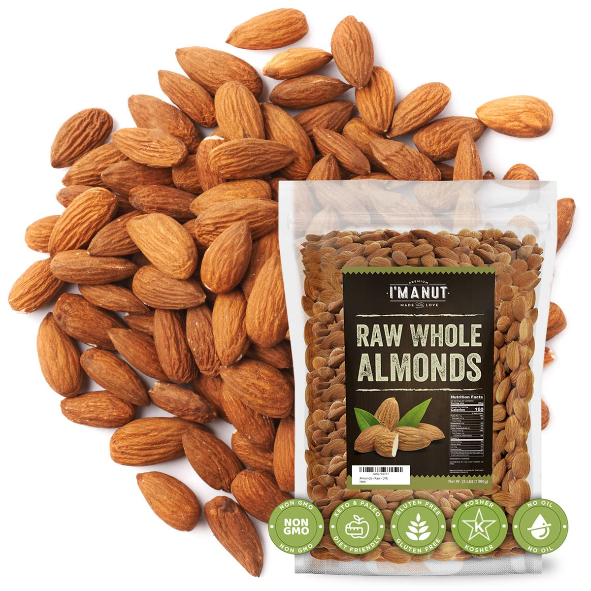 I'm A Nut raw California almonds in a 48oz bag, ideal for snacking