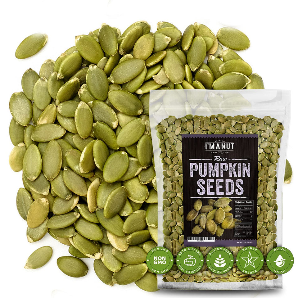 I'm A Nut raw pumpkin seeds in a resealable bulk bag for freshness