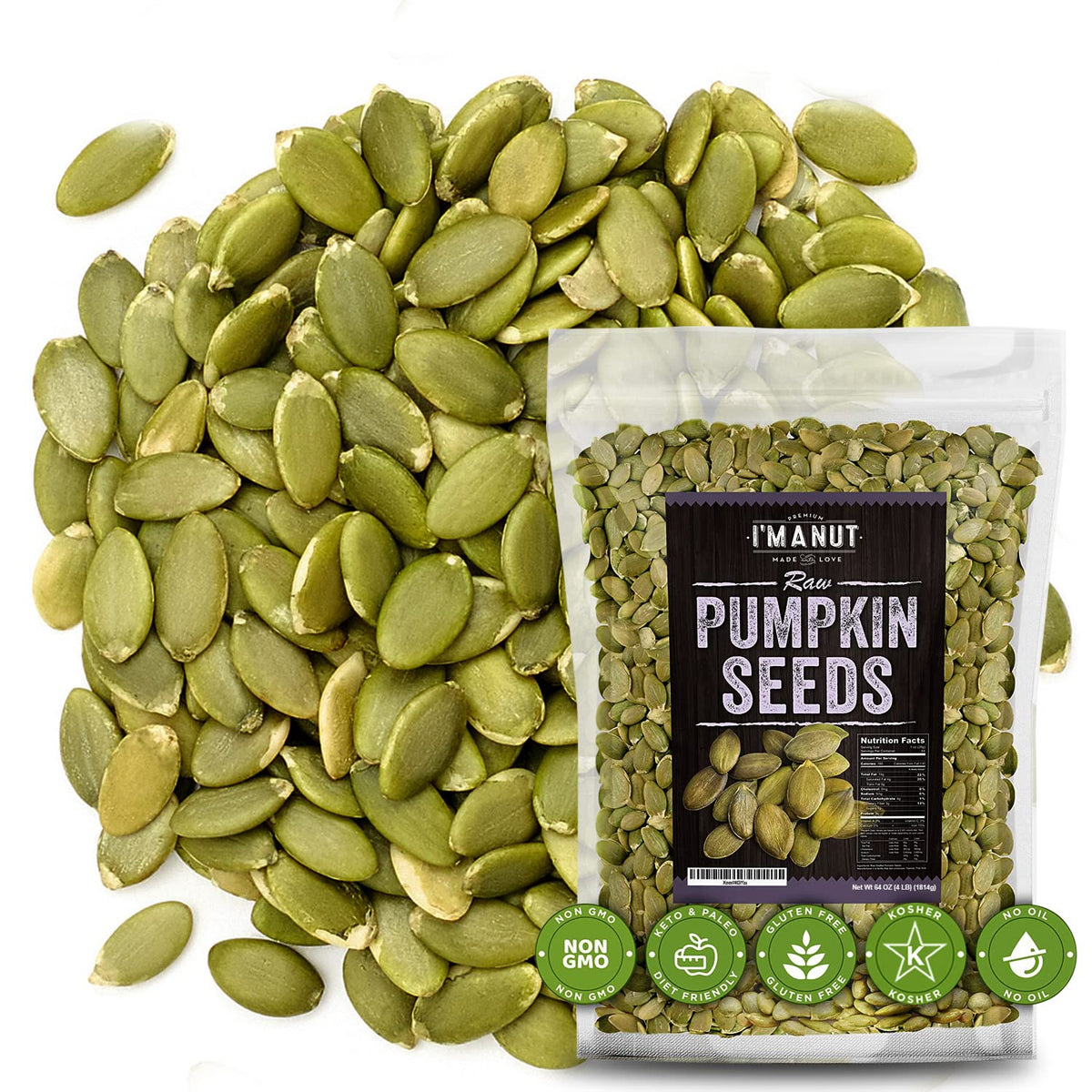 I'm A Nut raw pumpkin seeds in a large resealable bulk bag for convenient snacking.