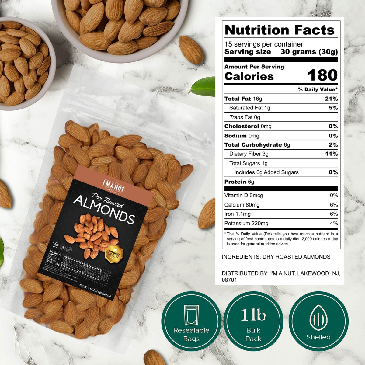 I'm A Nut unsalted almonds in bowl, perfect for salads and snacks.