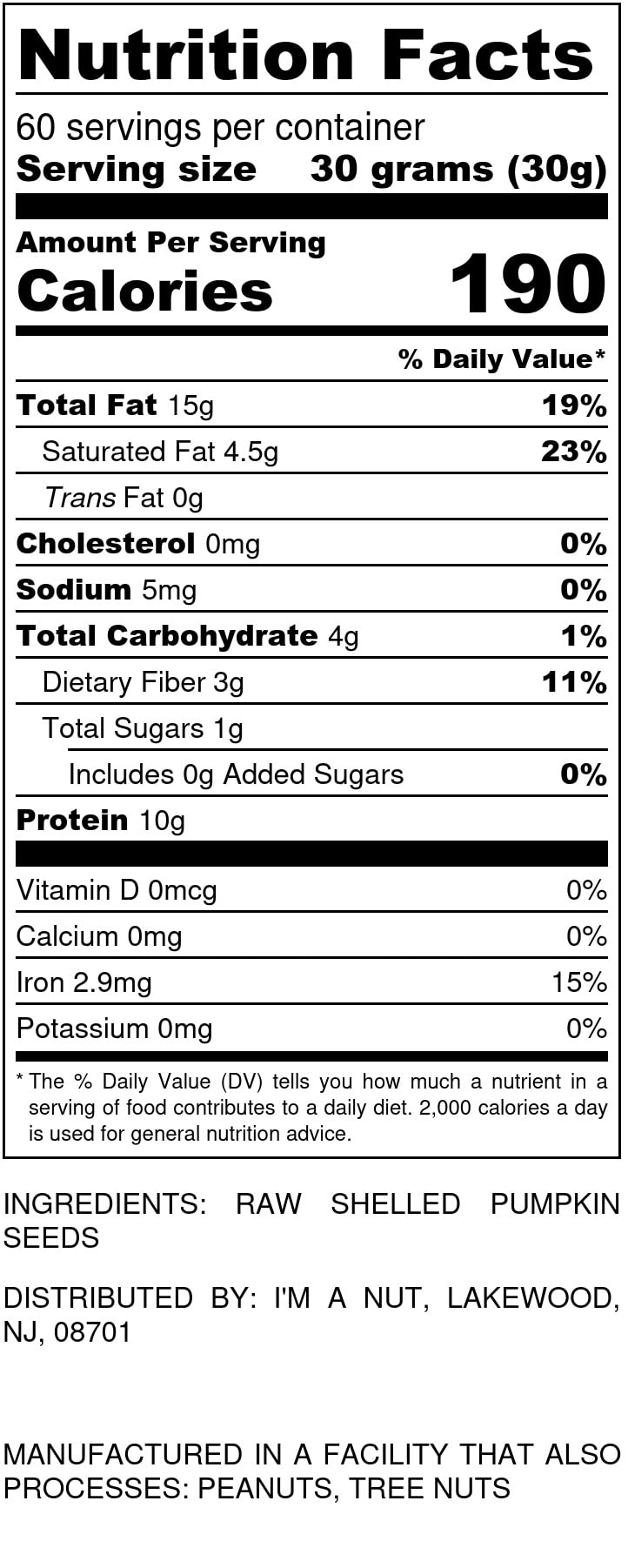 I'm A Nut pumpkin seeds used as trail mix or salad topper for crunch.