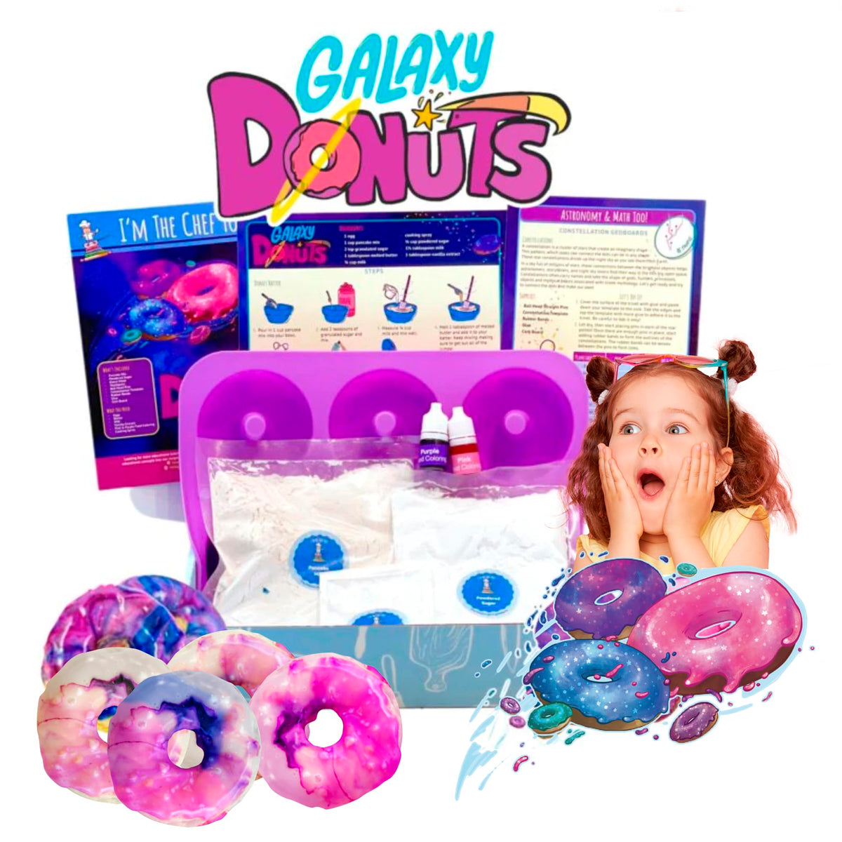 I'm The Chef Too Galaxy Donut Kit contents displayed for a fun STEM bake.